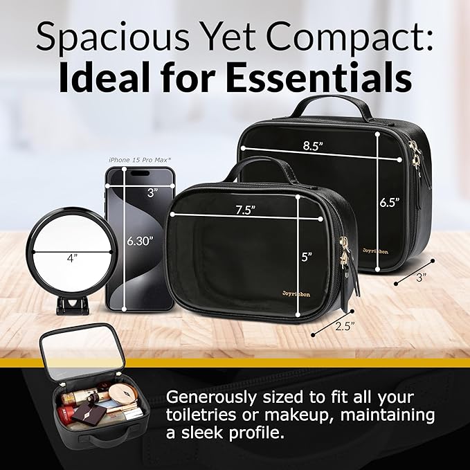 Clear Makeup Bag Set - Premium Quality Travel Cosmetic Bag w/Clear Transparent Front - 3pcs Gift for Travelers - Large & Small Makeup Bags & Portable Mirror in a Beautiful Gift Box, Black