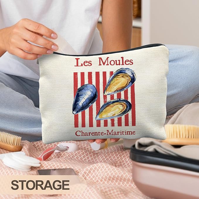 Vintage Mussels Beach Makeup Bag, Red Stripes Nautical Beach Cosmetic Bags for Women, Gifts for Ocean Lovers, Retro Seafood Aesthetic Zipper Makeup Pouch