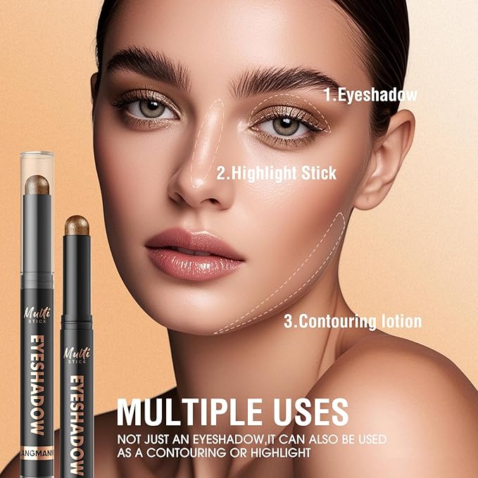LANGMANNI 8Colors Dual-Ended Cream Eyeshadow Stick Set – Silky Smooth, Waterproof & Transfer-Proof, Built-in Blender Brush, All-Day Matte & Shimmer Wear Eye Makeup(#B)