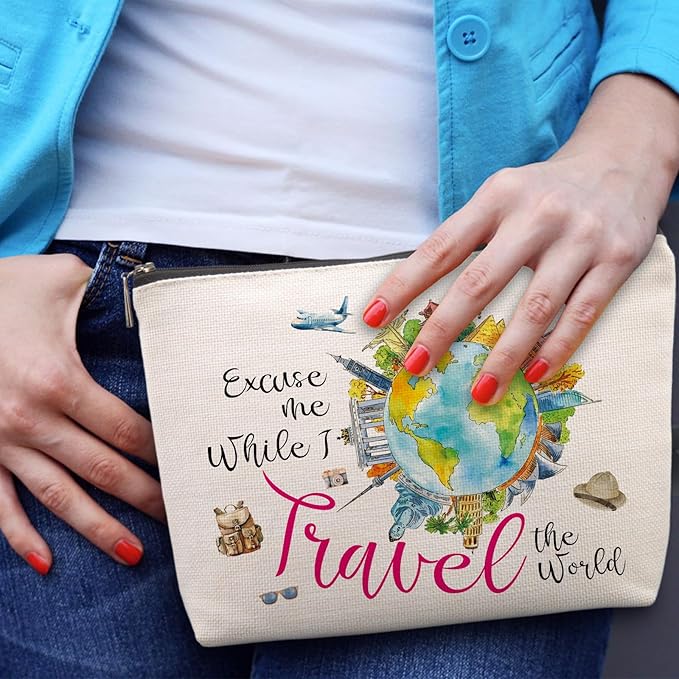 Travel Gifts for Women Best Gifts for People Who Travel Makeup Bag Excuse Me While I Travel The World Cosmetic Bag fo r Travelers Friends Flight Attendant Graduation Friendship Gift Funny Makeup Bag