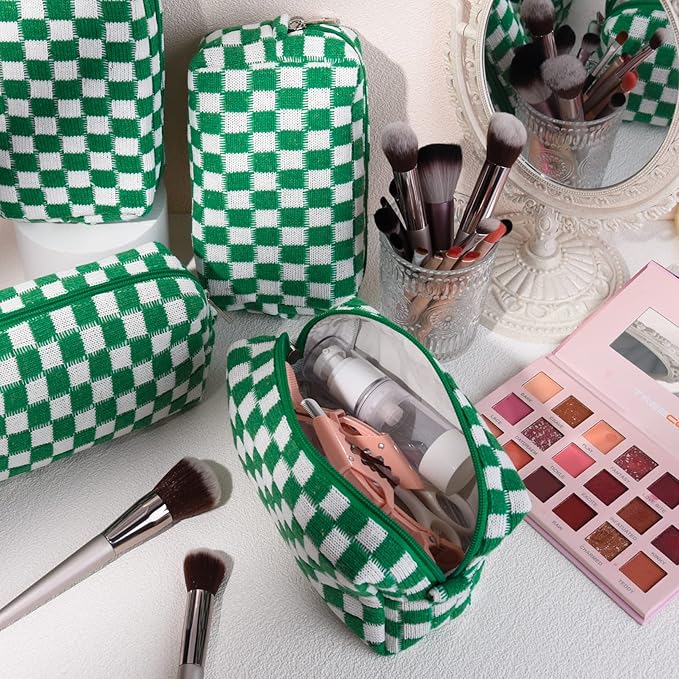SOIDRAM Checkered Makeup Bag Preppy Cosmetic Bag Bulk Green Makeup Pouch Personalize Travel Toiletry Bag Organizer Cute DIY Makeup Brushes Storage Bag for Women