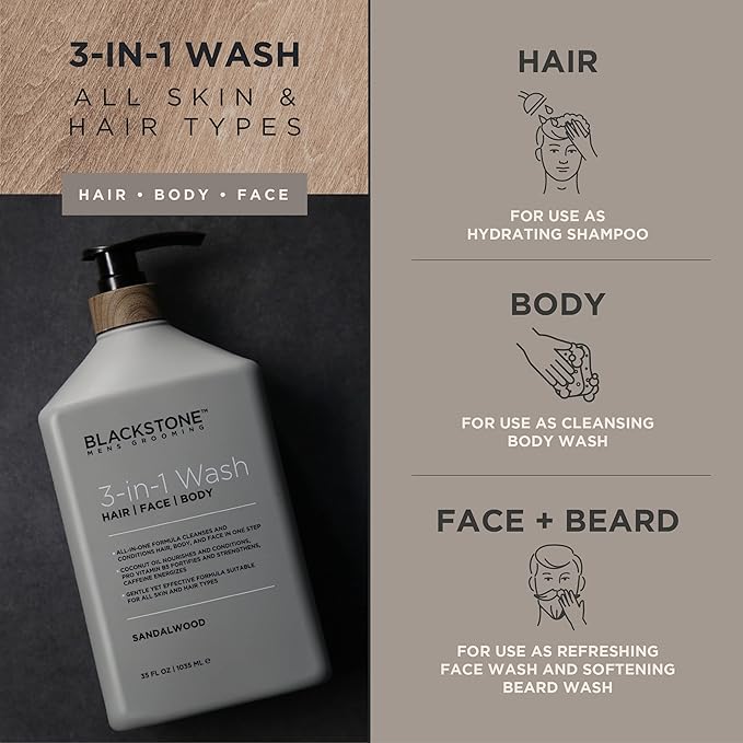 Blackstone 3-in-1 Wash for Men | Cleanse & Condition Hair, Body, & Face | All Skin & Hair Types | Coconut Oil & Vitamin B5 - Sandalwood (32 ounces)
