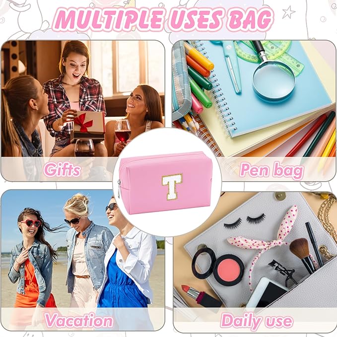 Initial Preppy Makeup Bag for Women Teen Girls Travel Small Cosmetic Bag Cute Pink Personalized Preppy Makeup Pouch Zippered Toiletry Bag Organizer PU Leather Aesthetic Makeup Bag（T）