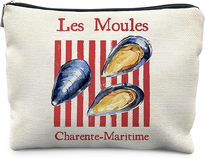 Vintage Mussels Beach Makeup Bag, Red Stripes Nautical Beach Cosmetic Bags for Women, Gifts for Ocean Lovers, Retro Seafood Aesthetic Zipper Makeup Pouch