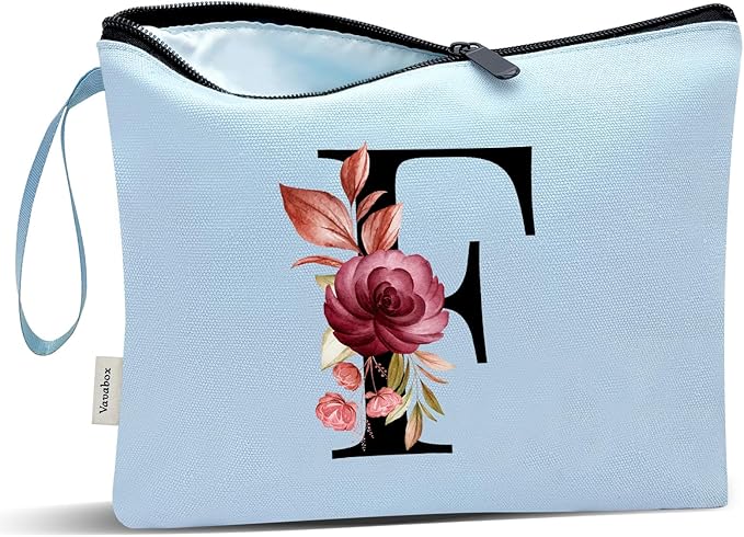 Vavabox A-Z Personalized Makeup Bag, Birthday Gifts for Women Mom, Gifts for Best Friend, Bride Bridesmaid Cosmetic bag (F, Blue)