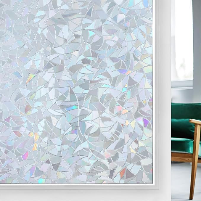 rabbitgoo Window Privacy Film Rainbow Film Decorative Window Sticker, 3D Static Stained Glass Cling Tint for Home Heat Control Non-Adhesive, Grayish Silver, 11.8 x 157.4 inches