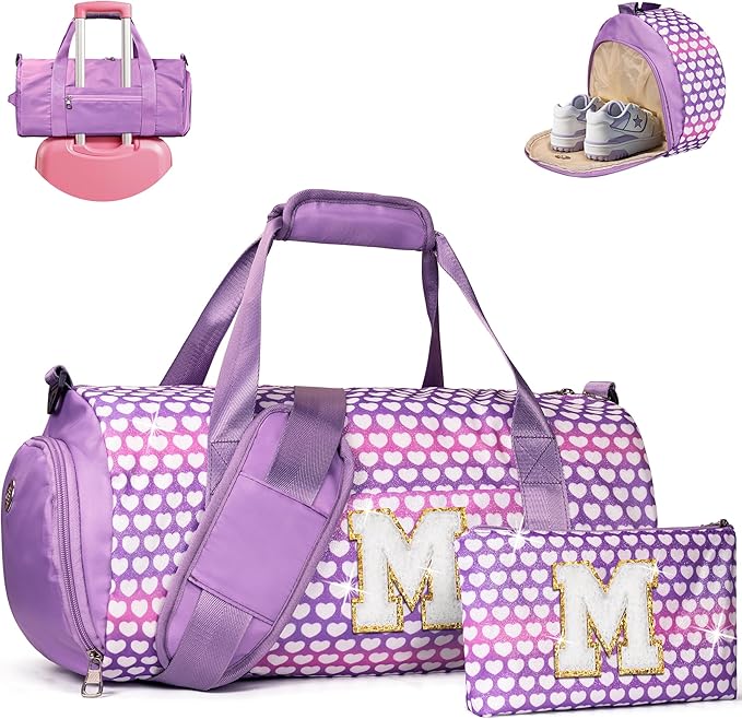 Gifts for 10 Year Old Kid, Girls Travel Duffel Bag, Kids Initial Overnight Bags with Shoe Compartment, Personalized Gym Ballet Dance Bag with Makeup Pouch, Birthday Gift Ideas (Letter M)