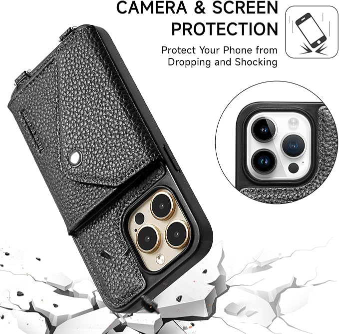 LUCKYCOIN Crossbody Wallet Phone Case for iPhone 15 Pro Max,100% Genuine Leather Wallet Phone Case with Expandable Flip Card Holder,Phone Purse for Women with Adjustable Removable Strap - Pebble Black