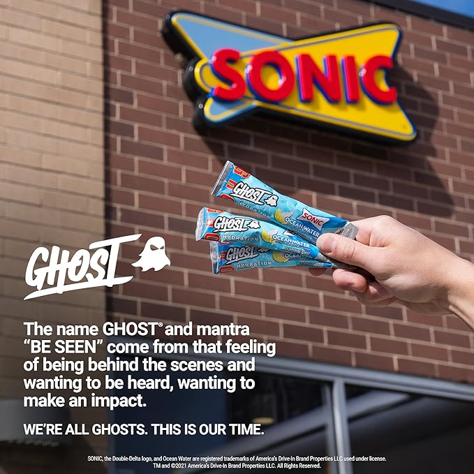 GHOST Hydration Packets, Sonic Ocean Water, 24 Sticks, Electrolyte Powder - Drink Mix Supplement with Magnesium, Potassium, Calcium, Vitamin C - Vegan, Free of Soy, Sugar & Gluten