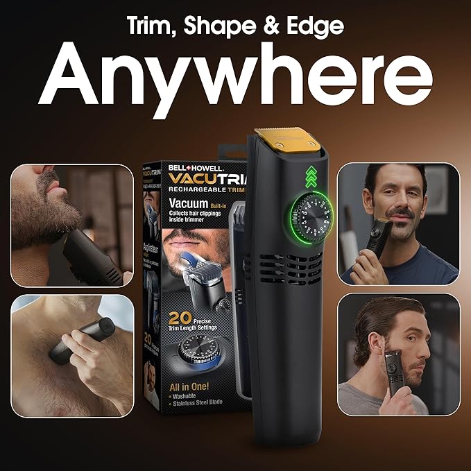 Vacutrim Cordless Mens Beard Trimmer, Rechargeable Electric Shaver with 20 Trim Setting Calibration Dial and Built-in Vacuum for Mustache, Sideburns. Facial Hair, Black, 7.5", As Seen On TV