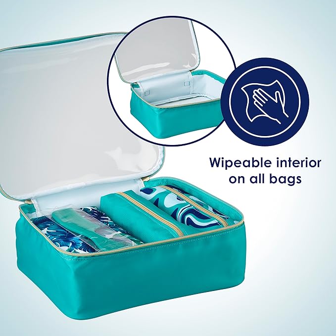 Conair 5 Piece Toiletry and Cosmetic Bag Set Under $30, Includes 4 Makeup Bags and 1 Travel Comb in Teal Palm Prints