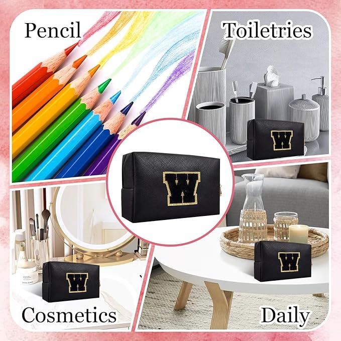 Small Personalized Letter Makeup Bag, Cute PU Leather Chenille Letters Cosmetic Bag Travel Makeup Pouch, Preppy Travel Organizer Zipper Pouch for Women&Girls（Black-W）