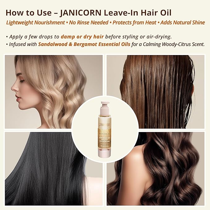 Leave-In Hair Oil – Lightweight Hydrating Blend with Jojoba & Argan Oils for Smoothness, Shine & Frizz Control, Sandalwood & Bergamot Aroma, for Fine or Frizz-Prone Hair, 3.4 fl oz / 100 ml