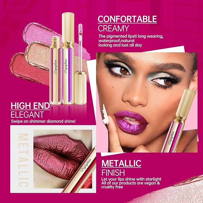 Nude Lipsticks for Women Metallic Lipstick Long Lasting Non Stick Cup Lip Gloss, Metal Shine Lightweight Hydrating Full Coverage Lip Color, DP101 Halo