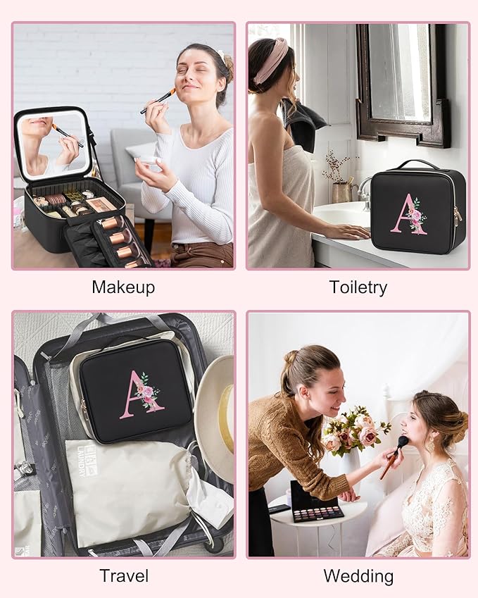 Relavel Initial Makeup Bag with LED Mirror for Women Girls, Personalized Travel Cosmetic Organizer Train Case, Birthday Gifts for Grandkids Bridesmaid Graduation Teacher Friends, Trendy Stuff, Black C