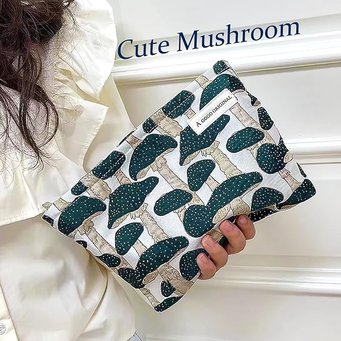 STARDW Cute Makeup Bag Aesthetic Cosmetic Bags for Women Girls, Travel Toiletry Bag Large Capacity Zipper Makeup Pouch, Purse Organizer Pouches,Canvas Lining (Green Mushroom)