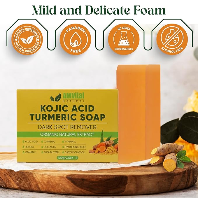 Turmeric Kojic Acid Soap Bars with Vitamin C, Retinol & Hyaluronic Acid – Face & Body Soap with Collagen & Shea Butter – 2-Pack Cleansing Bars for All Skin Types