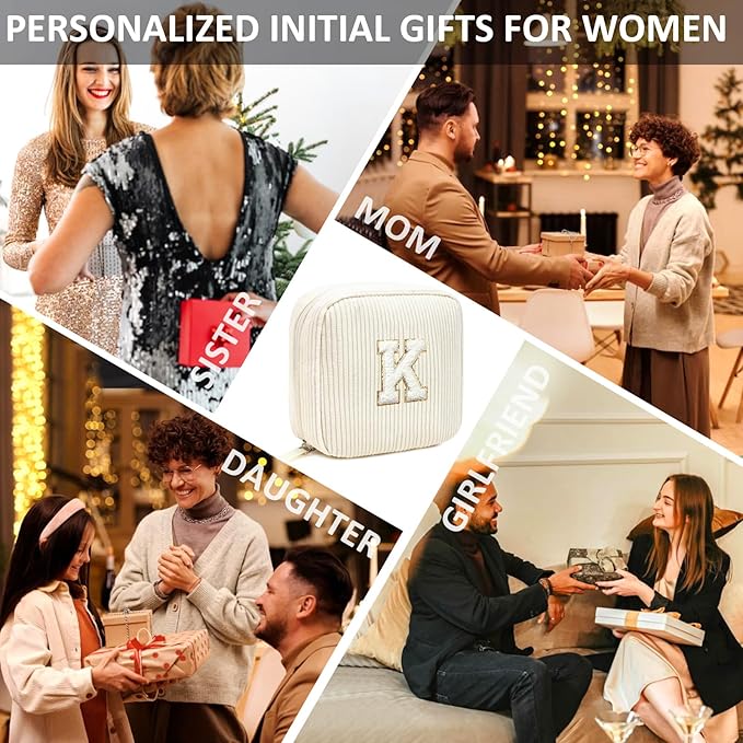 LETGO Birthday Gifts for Women Small Personalized Initial Monogram Makeup Bag,Preppy Corduroy Makeup Bags Travel Toiletry Bag Cute Pouch Purse for Her Mom Girlfriend Wife Sister Teacher Bridesmaid