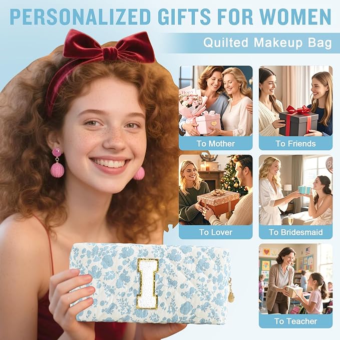Personalized Quilted Cosmetic Bag, Puffy Monogrammed Christmas Birthday Gifts for Women & Girls, Cute initial Floral Makeup Bag Puffer Coquette Bag, Aesthetic Travel Toiletry Zipper Pouch(Blue,I)