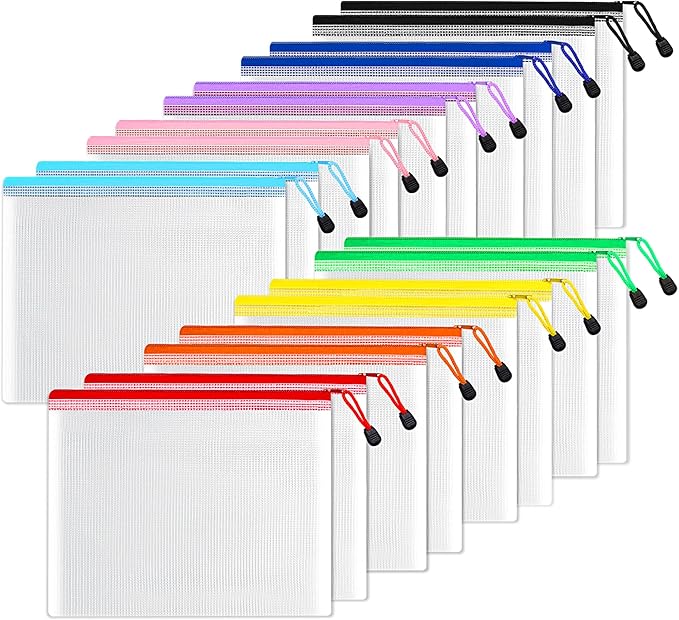 SUNEE Plastic Mesh Zipper Pouch 6.8x9.2 in (9 Colors, 18 Packs),Extra Large Water-Resistant Zip Bag for School Office Supplies, Puzzles & Games Organizing Storage
