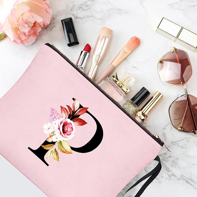 Vavabox A-Z Personalized Makeup Bag, Birthday Gifts for Women Mom, Gifts for Best Friend, Bride Bridesmaid Cosmetic bag (P, Pink)