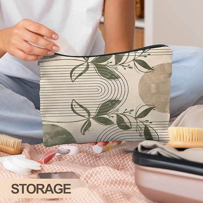 Abstract Sage Green Boho Botanical Makeup Bag, Minimalist Boho Neutral Sun Rainbow Cosmetic Bags for Women, Boho Gifts for Women, Mid Century Modern Zipper Makeup Pouch
