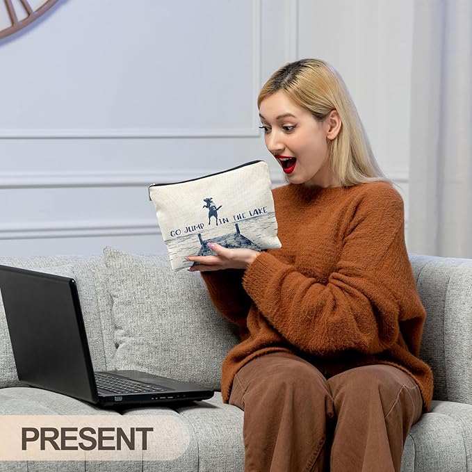 Funny Dog Makeup Bag, Dog Mom Lovers Gifts Cosmetic Bags for Women, Gifts for Lake Lovers, Go Jump in the Lake Funny Dogs Zipper Makeup Pouch