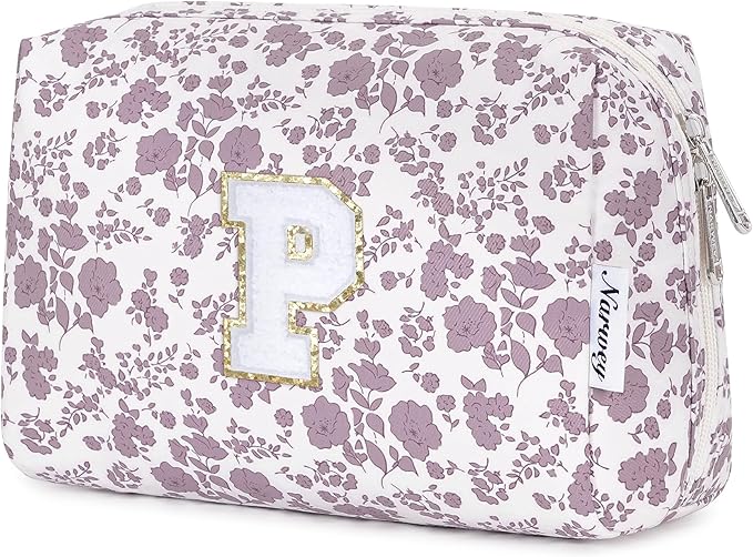 Narwey Birthday Gifts for Teen Girls Kids Women Personalized Initial Floral Makeup Bag Cute Cosmetic Trendy Stuff 6 8 10 11 12 13 14 16 18 Years Old Travel Toiletry Bag (Little Dusty Pink Flower P)