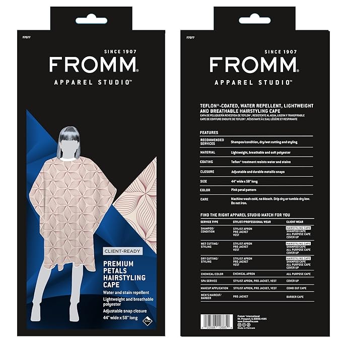 Fromm Professional Client Hair Styling and Hair Cutting Cape, Water and Stain Repellent Teflon Coating for Shampoo Bowl and Wet/Dry Cutting, 44" x 58", Petals