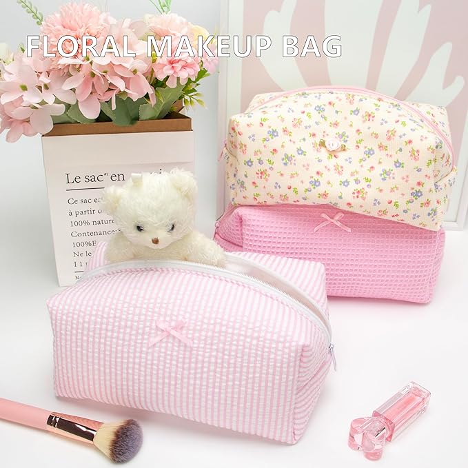 PAZIMIIK 2PCS Cozy Makeup Bag Travel Cosmetic Bag for Women Soft Toiletry Bag Aesthetic Makeup Organizer Portable Large Zipper Pouch for Skincare Beauty Accessories Brushes Stripe Pink