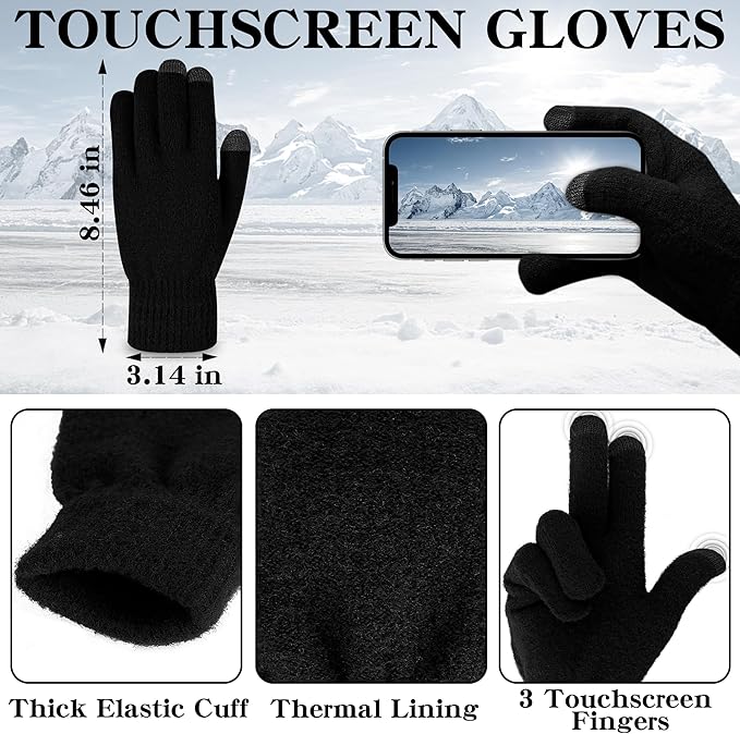 Winter Beanie Hat Scarf Gloves, Warm Fleece Knit Hat Long Scarf Neck Warmer Touch Screen Winter Gloves Set Gifts for Women