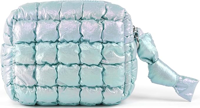 Yarnic Quilted Makeup Bag Puffy Cosmetic Bag, Quilt Travel Toiletry Bag Puffer for Women, Cute Makeup Bag Organizer Soft Cosmetic Pouch (Iridescent Blue, S)