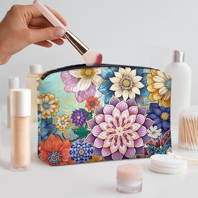 COEQINE Gothic Makeup Bags for Women Floral Wallet Leather Cosmetic Case With Zipper Soft Waterproof Lip Makeup Organizer Handbag