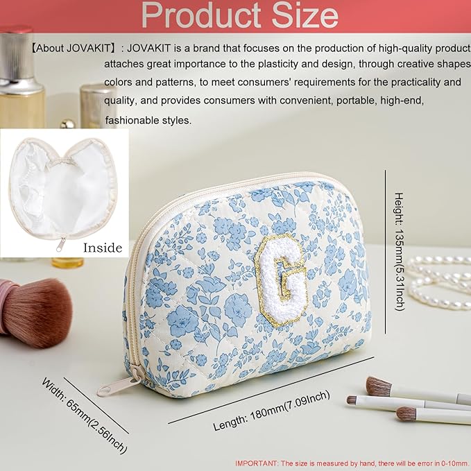 JOVAKIT Conch Alphabet Makeup Bag Cosmetic Bag for Women, Christmas Gifts for Women Girls, Blue Floral Coquette Travel Bag, Zipper Make Up Pouch Organizer Trendy Stuff (Blue Floral G)