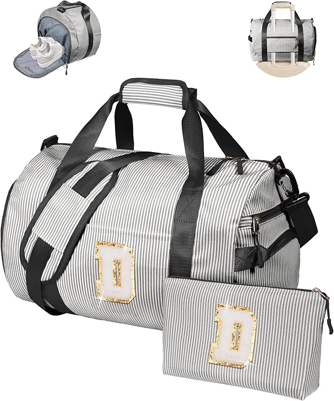 Cute Preppy Gift, Girls Travel Duffle Bag, Kids Initial Overnight Bags with Shoe Compartment, Monogram Weekender Bag with Makeup Pouch, Chenille Birthday Gifts for Teen (Letter D)