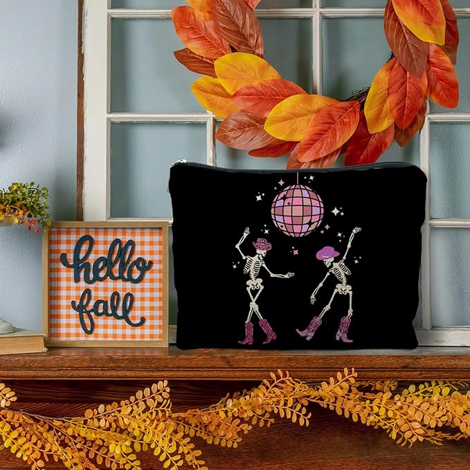 Funny Disco Dancing Skeleton Makeup Bag, Goth Gothic Skull Cosmetic for Women, Halloween Gifts, Dark Academia Makeup Pouch, Horror Bag