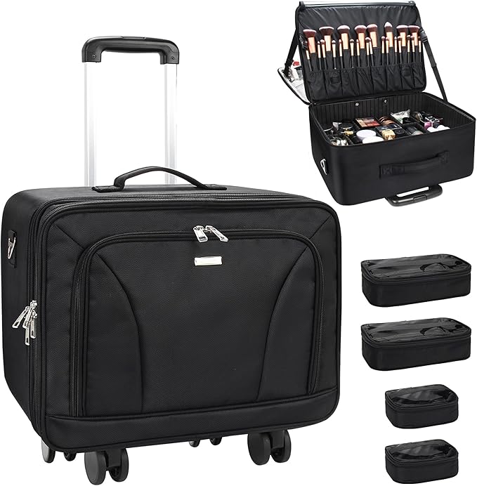 Relavel Extra Large Makeup Case Rolling Travel Train Case with 360° Spinner Wheels, 3 Layer with Insulation Compartment & Four Clear Storage Bags, Professional Makeup Artist Bag Set, Black