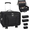 Relavel Extra Large Makeup Case Rolling Travel Train Case with 360° Spinner Wheels, 3 Layer with Insulation Compartment & Four Clear Storage Bags, Professional Makeup Artist Bag Set, Black