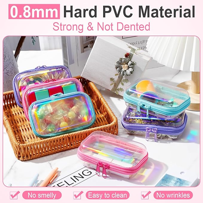 Sanwuta 6 Pcs Clear Hard Zipper Case Hard Plastic Zipper Pouches Makeup Bag Pencil Pouches Transparent Cases for Snacks Plastic Storage Organizer Box for Travel(Holographic,5 x 3 x 2 Inch)