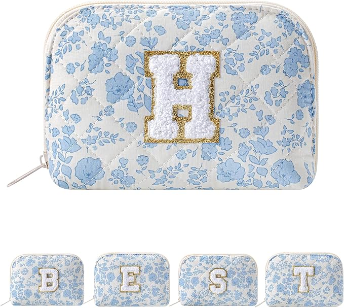 JOVAKIT Conch Alphabet Makeup Bag Cosmetic Bag for Women, Christmas Gifts for Women Girls, Blue Floral Coquette Travel Bag, Zipper Make Up Pouch Organizer Trendy Stuff (Blue Floral H)