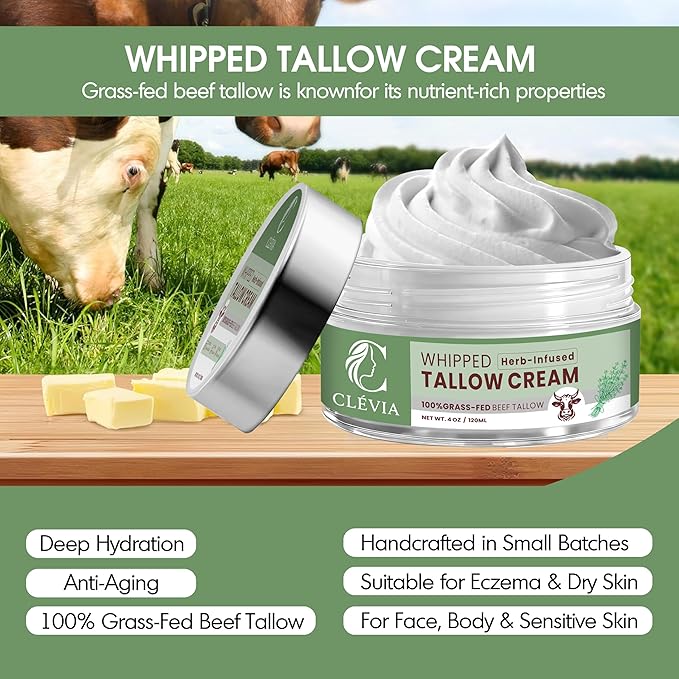 Anti-Wrinkle Whipped Beef Tallow Cream 4 oz - Natural Whipped Tallow Balm Infused with Herbal Extracts & Organic Jojoba Oil - Grass Fed Tallow Moisturizer for Deep Hydration | Herb-Infused Unscented