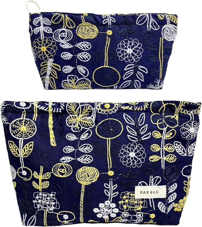 2 Pcs Makeup Bags, Large Cosmetic Bag Travel Toiletry Bag Organizer for Women, Embroidery Craft, Floral Makeup Bag Small Cosmetic Pouch Purse with Zipper, Gifts for Girls Teen (Blue-tree)