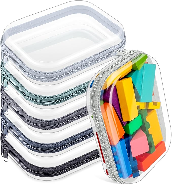 Sanwuta 6 Pcs Clear Hard Zipper Case Hard Plastic Zipper Pouches Makeup Bag Pencil Pouches Transparent Cases for Snacks Plastic Storage Organizer Box for Travel(Blue-green,7.87 x 5.9 x 2 Inch)