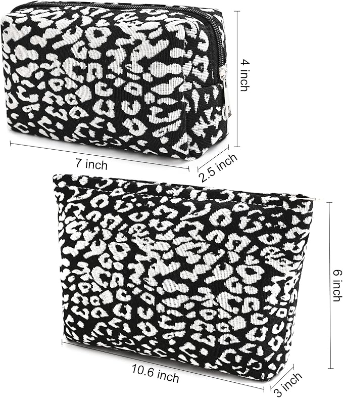 SOIDRAM 2 Pieces Leopard Print Makeup Bag Large Cosmetic Bag Capacity Canvas Mix Travel Toiletry Bag Organizer Cute Makeup Brushes Aesthetic Accessories Storage Bag for Women, Leopard Print Mix Black