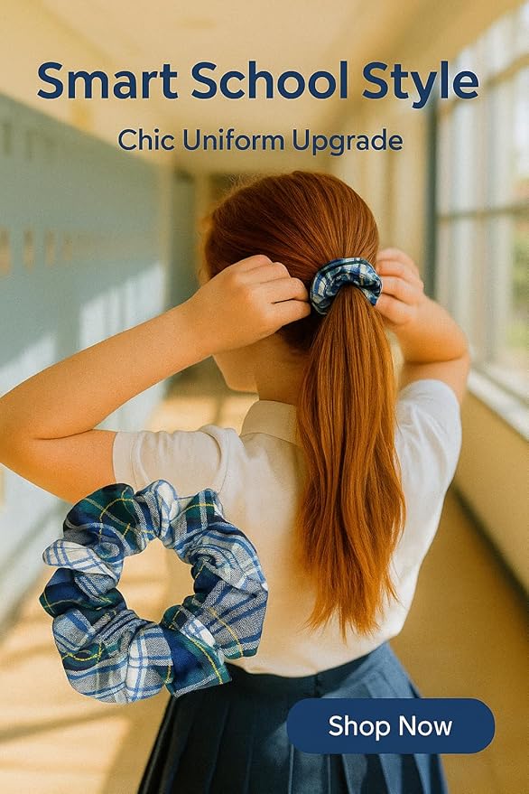 Plaid scrunchie, ClassExceed school uniform plaid, Back to school, handmade school uniform hair accessories (White forest Yellow Navy Plaid80)