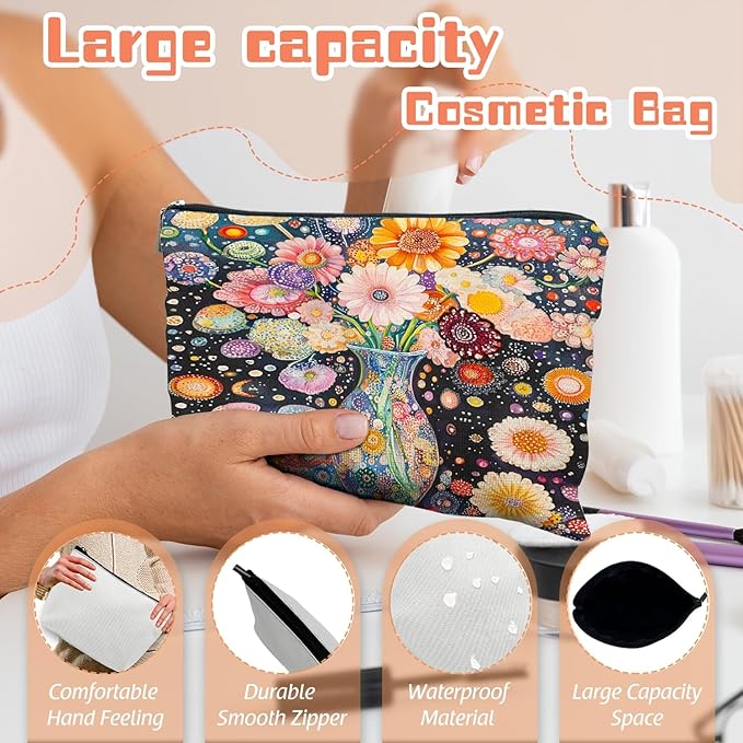 Makeup Bag Travel Cosmetic Bags Small Makeup Case Waterproof Zipper Pouch for Women Girls 7X9inches - Colorful Flowers in A Blue Vase with Dots