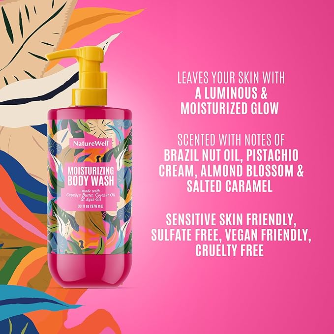 NATURE WELL Cheeky Moisturizing Body Wash, Creamy Formula Infused with Cupuaçu Butter, Provides Gentle Cleansing & Intense Hydration, Deliciously Sweet & Warm Brazilian Nut Oil Scent, 33 oz