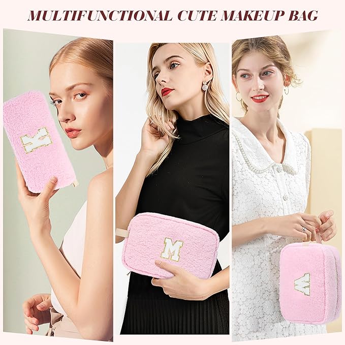 2PCS Makeup Bag with Initials, Christmas Day Gifts for Teen Girls Trendy Stuff, Personalized Cosmetic Travel Bag Pouch for Granddaughter, Cute Plush Make up Bags for Birthday - Pink S