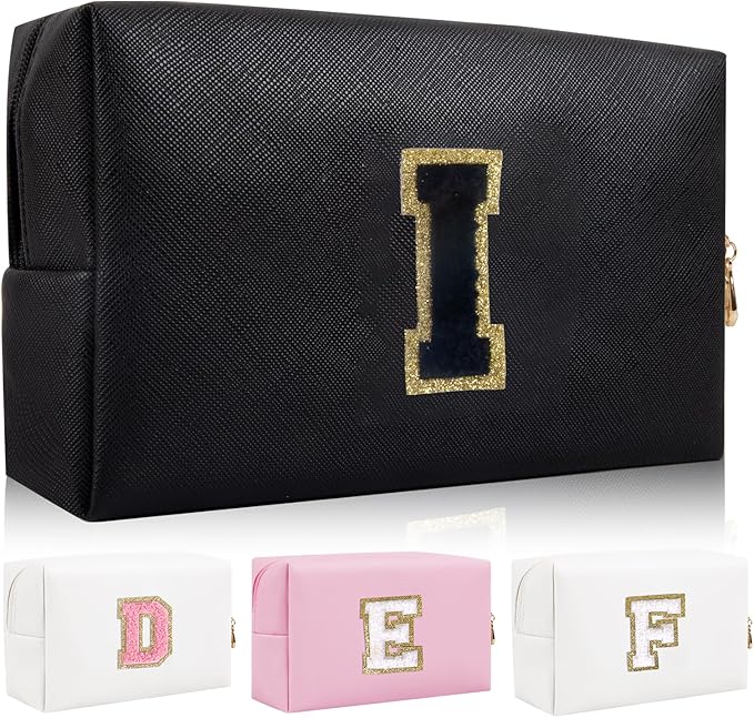 Personalized Initial Letter Patch Makeup Bag, Preppy Portable Chenille Cosmetic Bag with Zipper, PU Leather Waterproof Travel Toiletry Bag Monogram Make Up Pouch for Women Girls