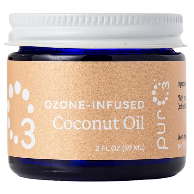 PurO3 Ozonated Coconut Oil – Pure, Natural, Organic Skincare for Face & Body – Oxygenated Healing Lotion, Moisturizer & Beauty Cream in a Glass Jar – O3 Therapy Salve, 2 oz
